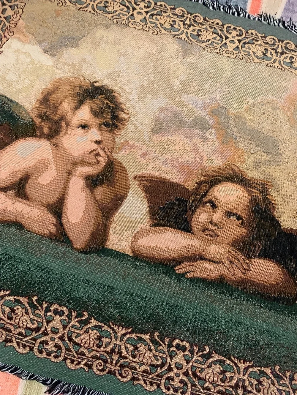 Vintage Renaissance Cherubs Woven Tapestry Throw Blanket Fringe Raphael Angels